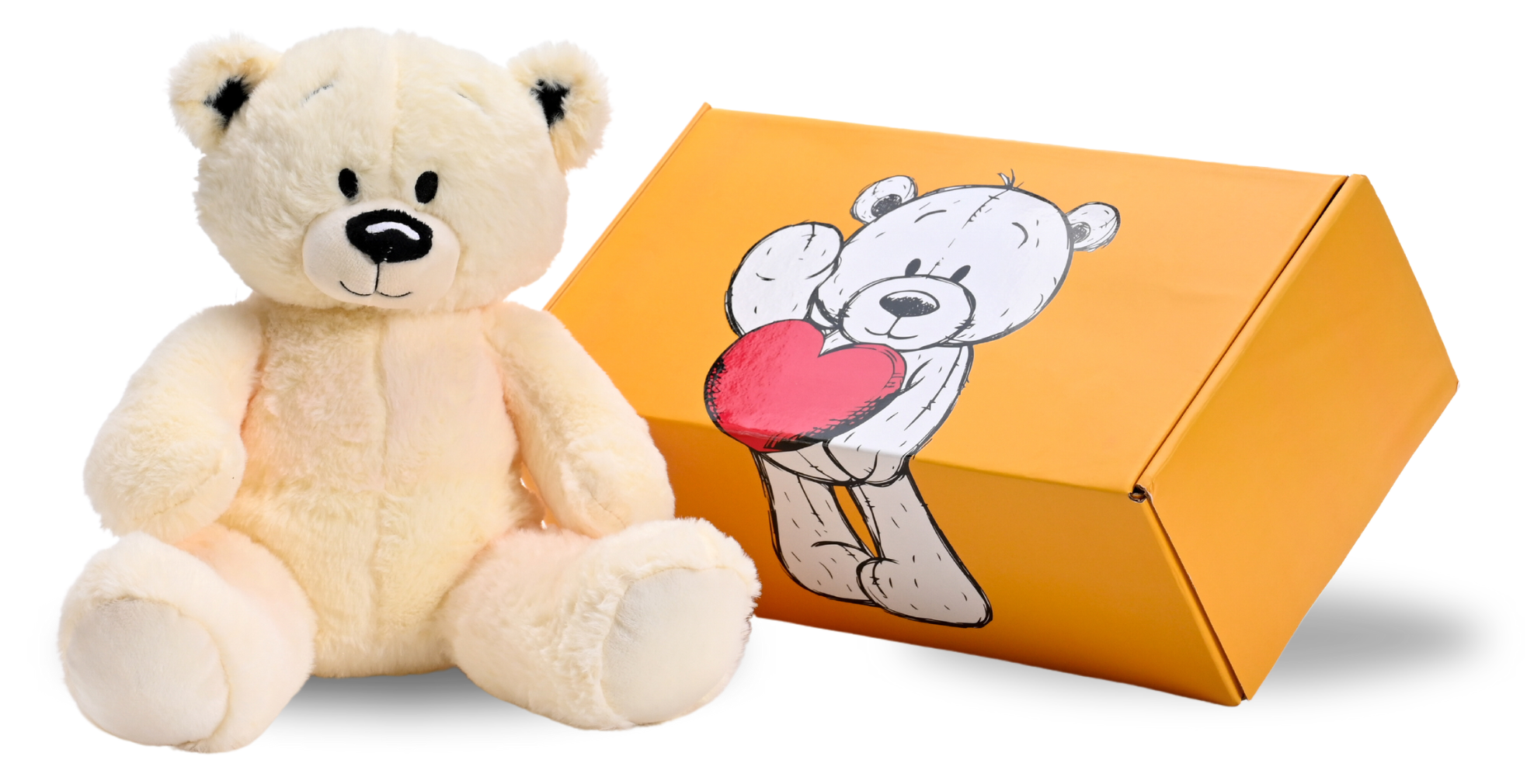 White teddy with shipping box