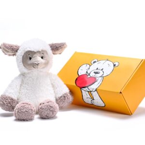 a stuffed sheep soft toy next to a box