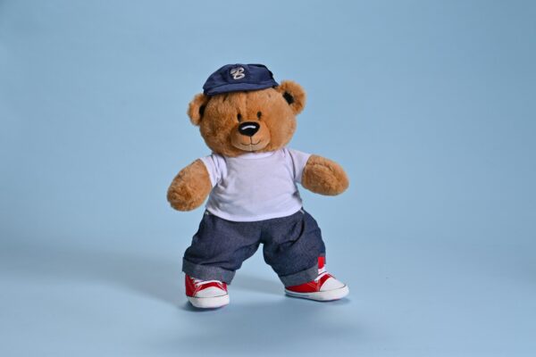 a stuffed bear wearing a hat and pants